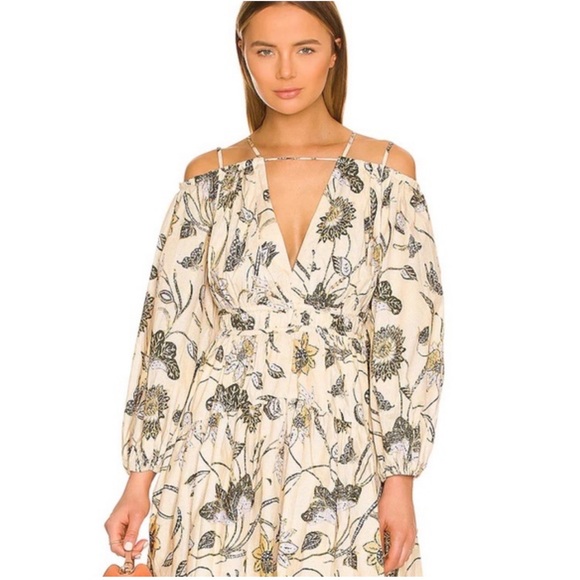 ULLA JOHNSON Tahlia Long Sleeve Cotton Floral Dress in Lemon Balm - Picture 3 of 5